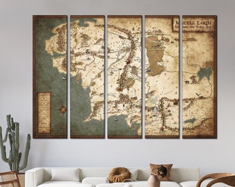 Stampa su tela con mappa della Terra di Mezzo, stampa su tela con il Signore degli Anelli, decorazione per sala giochi, stampa su tela con mappa in rotolo extra large o pronta da appendere.