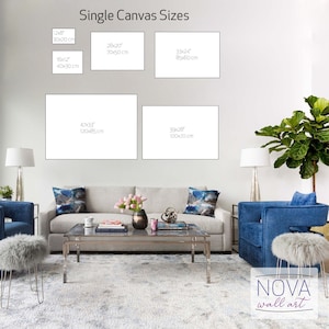 Pu&ograve; includere: Un muro bianco con una grafica che mostra diverse dimensioni di tela in pollici e centimetri. La grafica mostra un soggiorno con un divano, un tavolino da caff&egrave; e due sedie. Il testo "Single Canvas Sizes" e "NOVA wall art" &egrave; visibile nell'immagine.