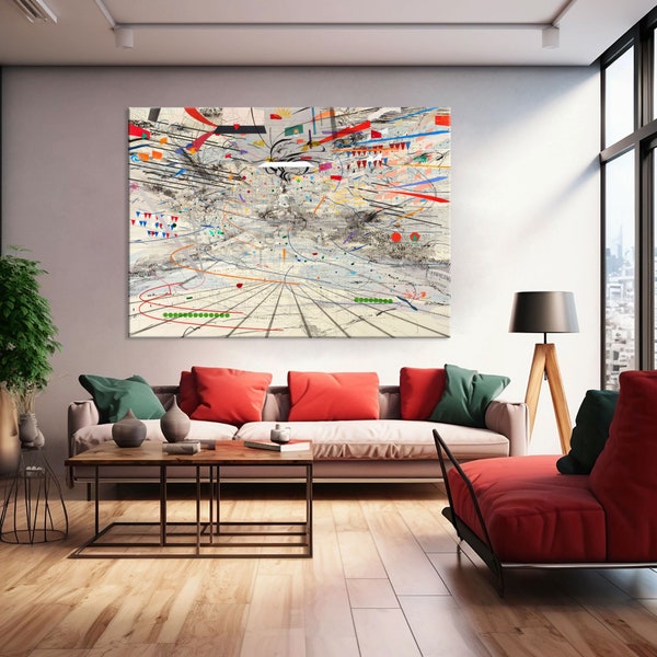 Julie Mehretu, Congress Modern Abstract Wall Art, Rainbow Abstract Print Decor Canvas, Modern Home and Office Canvas Art, Roll Printing