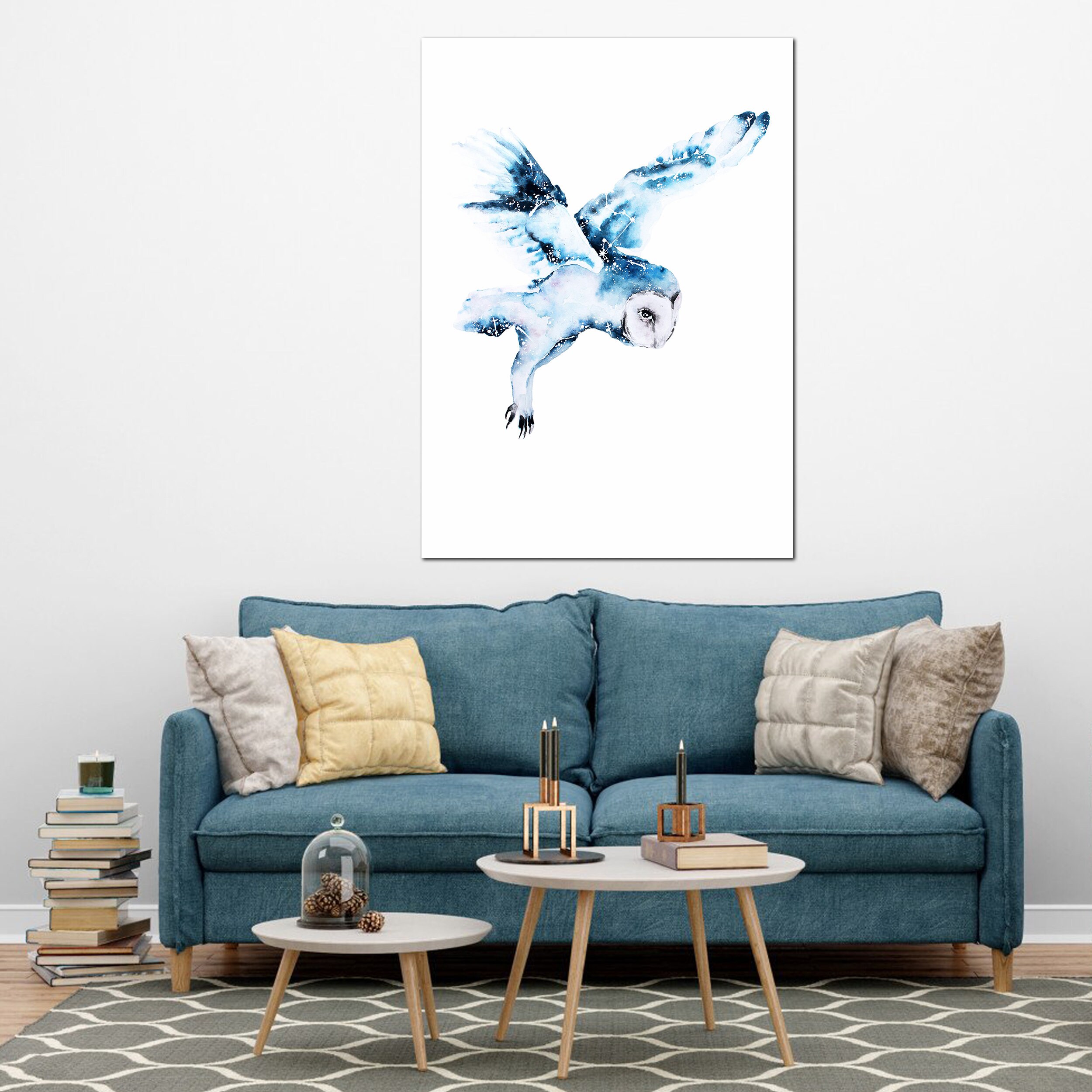 White Owl Canvas Wall Art, Watercolor Effect Blue Flying Owl Art Decor ...