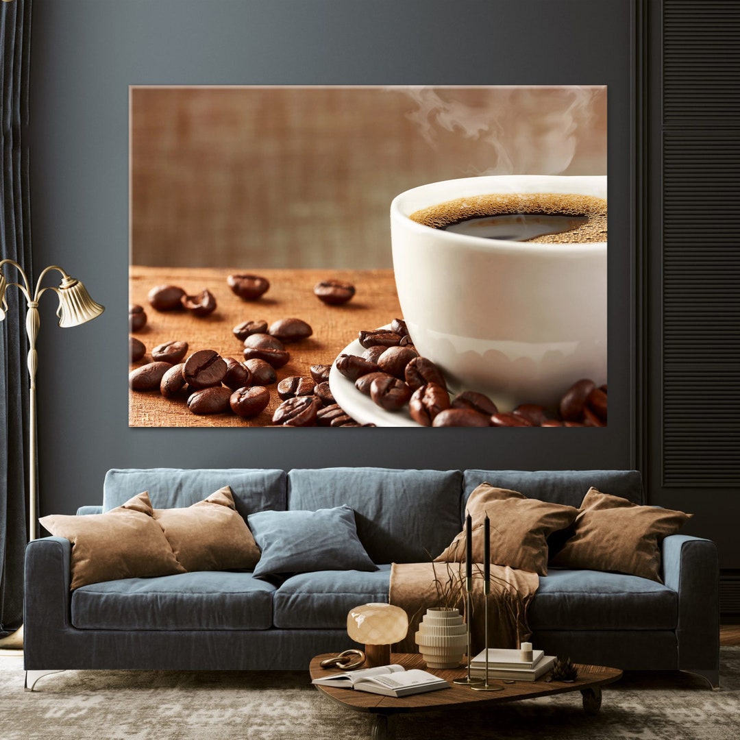 Hot and Smoky Coffee Wall Art Canvas, Coffee Beans on Plate Decor Print