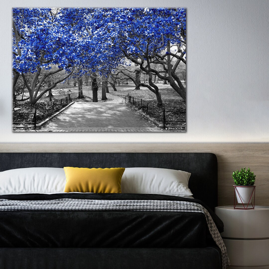 Blue Trees Landscape Modern Wall Art, Autumn Leaf Fall Canvas Decor ...