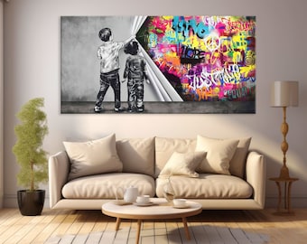 Banksy achter het gordijn canvas muurkunst, graffiti muurkunst, moderne street art decor, stedelijke graffiti canvasafdruk, extra grote muurafdruk
