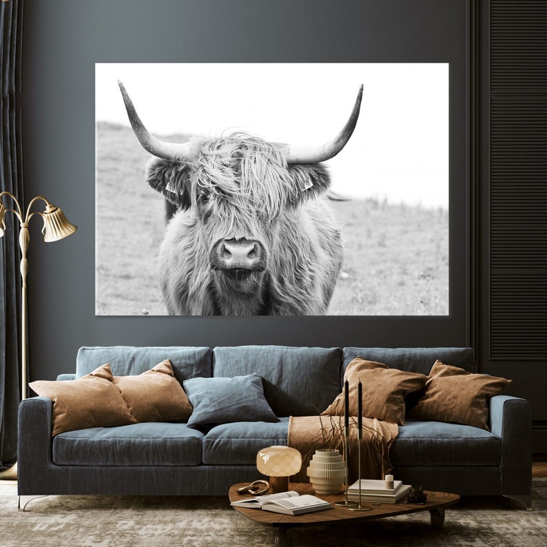 Black and White Highland Cow Wall Art Canvas, Scottish Cow Decor Print