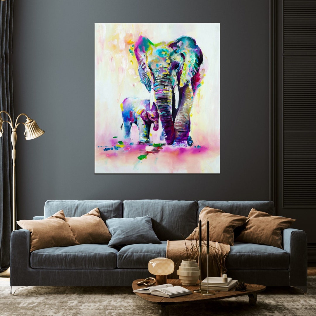 Baby and Mother Elephant Wall Art, Colorful Elephant Family Canvas