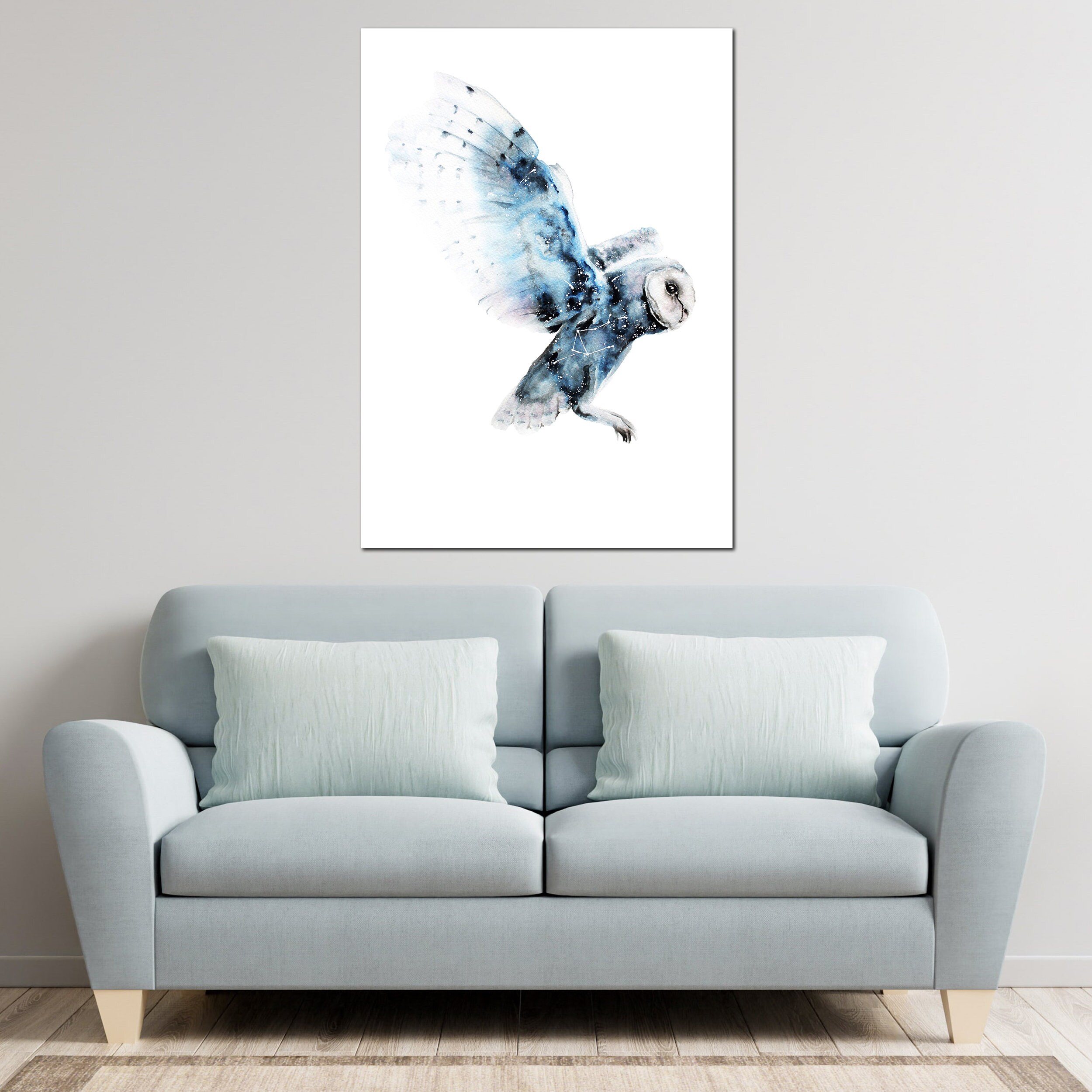 White Owl Canvas Wall Art, Watercolor Effect Blue Flying Owl Art Decor ...