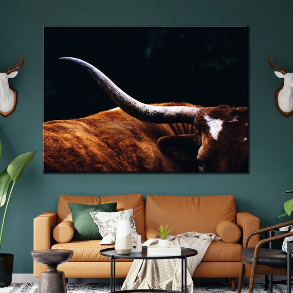 Texas Longhorn Cow Wall Art Canvas, Hom Texas Longhorn Decor Print, Decor Horn Cow Print, Farmhouse Canvas Decor, Roll or Ready to Hang