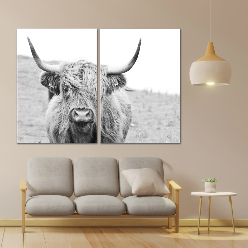 Black and White Highland Cow Wall Art Canvas, Scottish Cow Decor Print