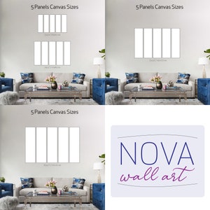 Pu&ograve; includere: Un muro bianco con tre diverse dimensioni di stampe su tela a 5 pannelli. Le stampe su tela sono tutte bianche e hanno un bordo nero. Il testo "5 Panels Canvas Sizes" &egrave; scritto sopra ogni set di stampe su tela. Il testo sotto ogni set di stampe su tela mostra le dimensioni delle stampe su tela in pollici e centimetri. Il testo "NOVA wall art" &egrave; scritto in viola e blu su uno sfondo bianco.