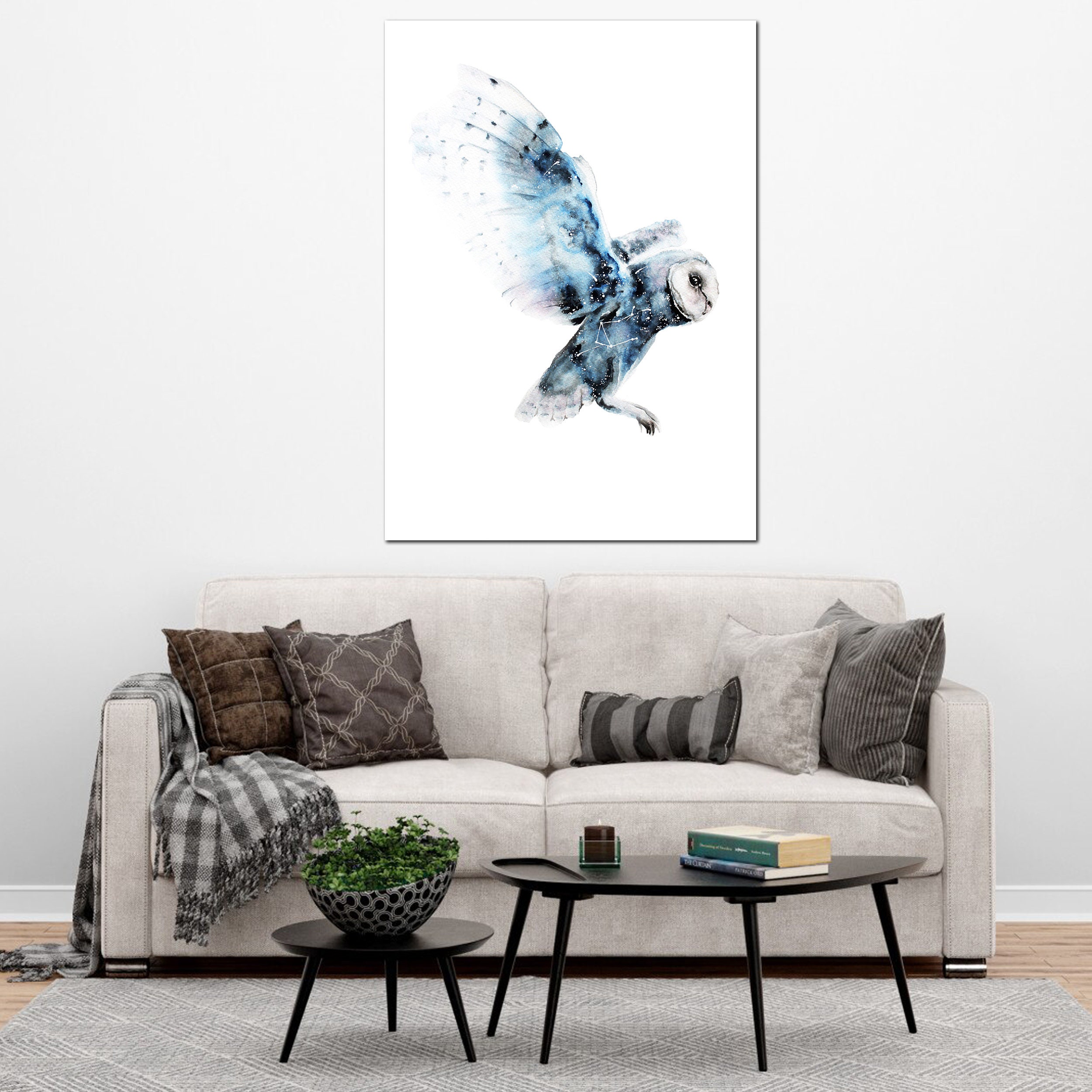 White Owl Canvas Wall Art, Watercolor Effect Blue Flying Owl Art Decor ...