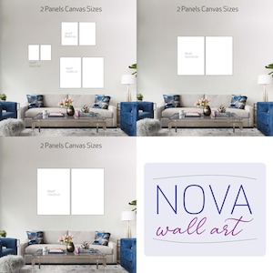 Pu&ograve; includere: Tre immagini mostrano diverse dimensioni di stampe su tela per una parete del soggiorno. Le immagini mostrano una parete bianca con un divano e un tavolino da caff&egrave;. Il testo sulle immagini recita "2 Panels Canvas Sizes" e include le dimensioni di ogni stampa su tela in pollici e centimetri. La quarta immagine mostra un logo per NOVA wall art.
