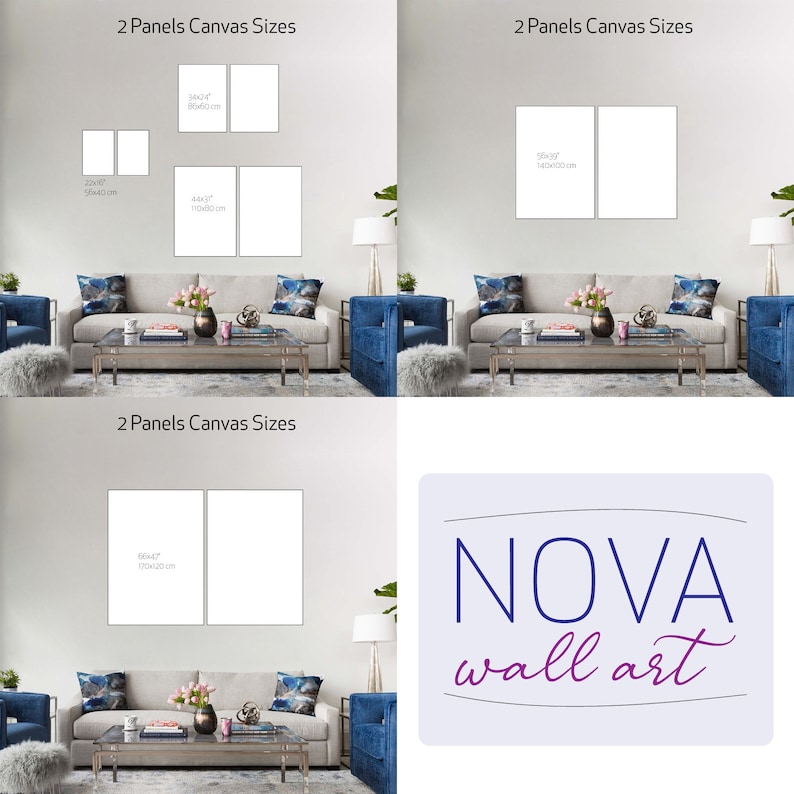 Pu&ograve; includere: Tre immagini mostrano diverse dimensioni di stampe su tela per una parete del soggiorno. Le immagini mostrano una parete bianca con un divano e un tavolino da caff&egrave;. Il testo sulle immagini recita "2 Panels Canvas Sizes" e include le dimensioni di ogni stampa su tela in pollici e centimetri. La quarta immagine mostra un logo per NOVA wall art.