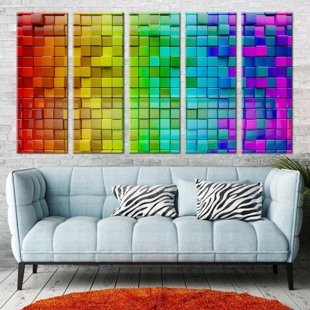 Rainbow Cubes Wall Decor Canvas, Colorful Cubes Canvas Decor Print