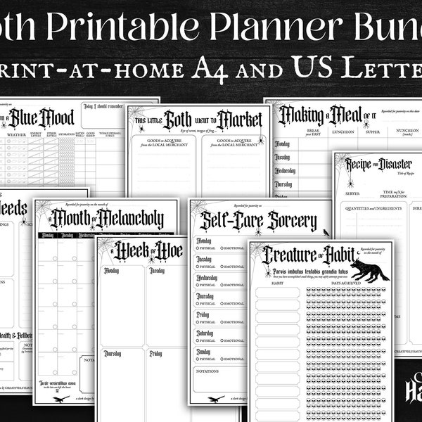 Goth Planner Printable Bundle Daily Diary Monthly Weekly Self Care Habit Tracker To Do List Productivity Dark Gothic A4 US Letter Planner