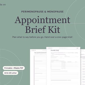 Op de afbeelding: Een Perimenopause & Menopause Appointment Brief Kit van velata co. De saliegroene afbeelding bevat witte tekst, waaronder 'Printable + fillable PDF' en 'A4 & US Letter'. Drie witte documentpagina's met lijnen en tekst zijn zichtbaar.