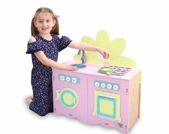 LULUBERE WOODEN KITCHEN Set for Kids | Wood Made Elegant Kitchen Table and Utensils | Excellent Gift for 3+ Years Old Montessori Girl