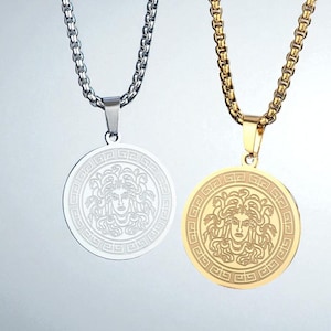 Medusa Charm Necklace, Stainless Steel, Silver or Gold, Mythical Pendant, 60 cm Chain, Greek Symbol Jewelry, Gift for Her, Mystic Jewelry