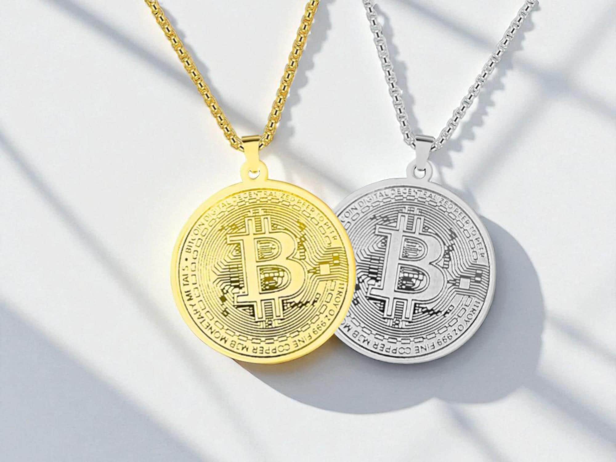 ビットコインネックレス - ステンレススチール製暗号通貨ペンダント、ゴールドまたはシルバー