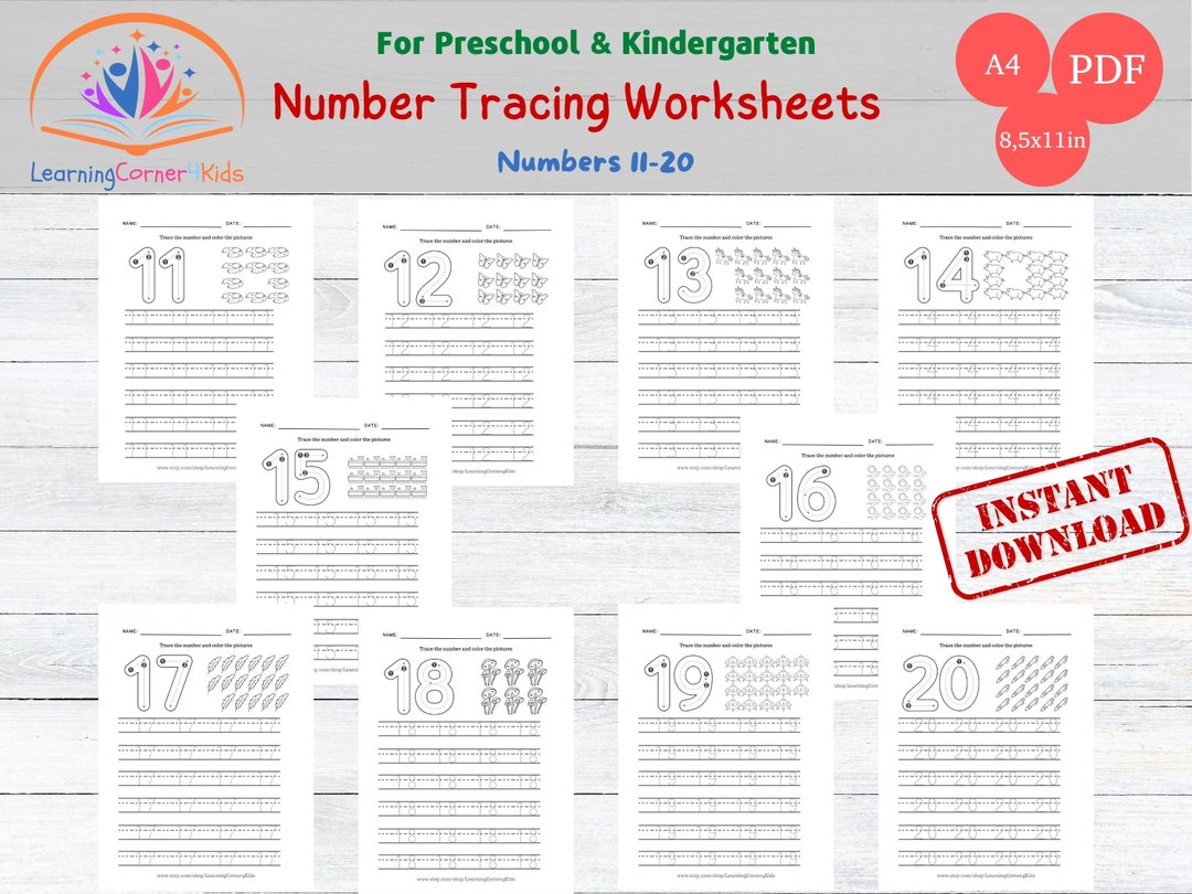 Tracing Numbers 11 20 Worksheets for Kindergarten, Preschool Math