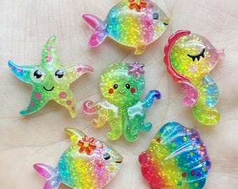 10 pcs of Glitter Ocean Cabochons – Kawaii Resin Sea Animal Charms for DIY Crafts, Slime, Hair Clips, Jewelry, Scrapbooking Supplies