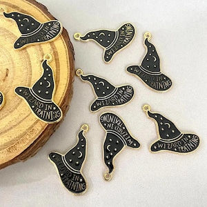 10 pcs of Wizard in Training Hat Charms Black Gold Pendants for Earrings, Necklaces, Bracelets, Magic Jewelry Making, Halloween Craft
