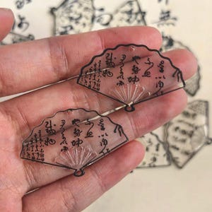 10 pcs of Transparent Fan Charms with Calligraphy, Asian Style Acrylic Pendant for Jewelry Making and DIY Crafts