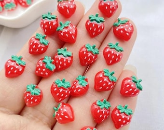50 pcs of Strawberry Flatback Charms, Resin Fruit Cabochons for Crafts, Cute Red Strawberry Embellishments for DIY Hair Bows
