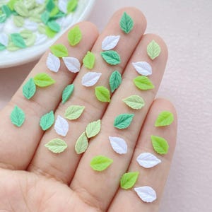 Puede incluir: Una colección de pequeños adornos con forma de hoja en tonos verdes y blancos. Estas hojas en miniatura están dispersas sobre una superficie, algunas dispuestas en un pequeño plato blanco. Las hojas parecen estar hechas de un material liso.