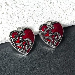 10 pcs of Vintage Red Heart Charms with Filigree, Gothic Enamel Heart Pendant for Necklace, Jewelry Making Supplies