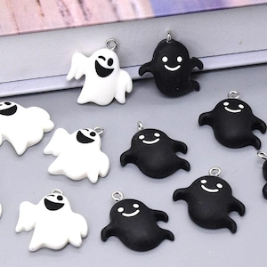 10 pcs of Kawaii Ghost Charms Black and White Halloween Pendants for Earrings, Bracelets, Necklaces, Jewelry Making, Spooky Cute Craft