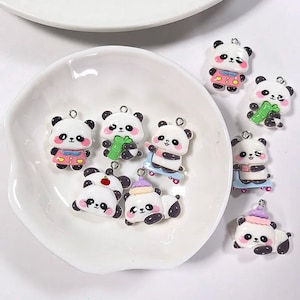 10 piezas de dijes de panda kawaii para joyería DIY, lindos colgantes de panda esmaltados, panda patinando, dijes de panda de comida para pulseras