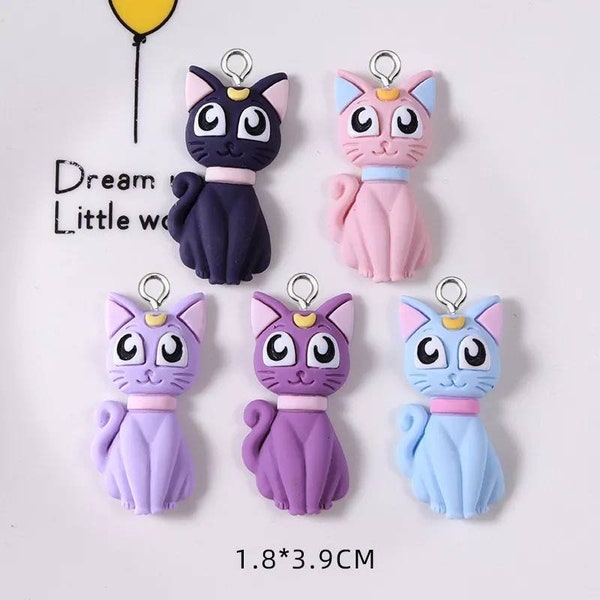 10 pieces of cute kawaii anime moon cat animal resin charms for jewelry making