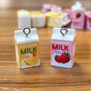 10 pcs of Strawberry Banana Milk Carton Charms, Mini Milk Box Pendants, Cute Kawaii Food Charms for Earrings, Keychains, Jewelry Making