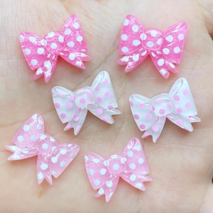 20 pcs of Polka Dot Bow Charms – Pink and White Resin Bows for Crafts, Earrings, Jewelry Making, Cute Cabochons, Kawaii DIY Supplies