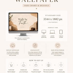 K&ouml;nnte beinhalten: Digitales Wallpaper-Design mit dem Text "Walk by Faith" auf einem Computerbildschirm. Das Bild enth&auml;lt Anweisungen zum Kauf, Download und zur Einrichtung, mit dem Satz "Be still and know that I am God."