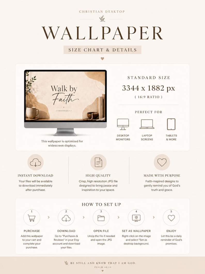 K&ouml;nnte beinhalten: Digitales Wallpaper-Design mit dem Text "Walk by Faith" auf einem Computerbildschirm. Das Bild enth&auml;lt Anweisungen zum Kauf, Download und zur Einrichtung, mit dem Satz "Be still and know that I am God."