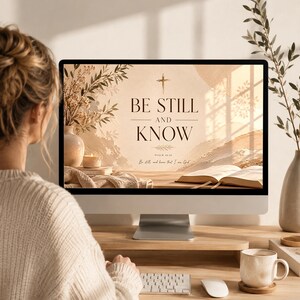 K&ouml;nnte beinhalten: Ein Computerbildschirm zeigt den Text "BE STILL AND KNOW" mit einem Kreuz. Der Bildschirm zeigt eine ruhige Szene mit floralen Elementen und einem Buch. Eine Frau sitzt an einem Holzschreibtisch mit Tastatur, Maus und einer Kaffeetasse.