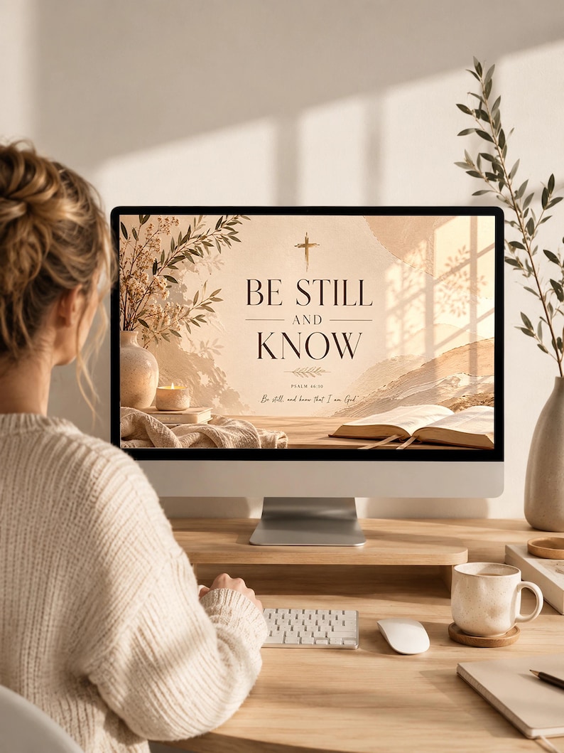 K&ouml;nnte beinhalten: Ein Computerbildschirm zeigt den Text "BE STILL AND KNOW" mit einem Kreuz. Der Bildschirm zeigt eine ruhige Szene mit floralen Elementen und einem Buch. Eine Frau sitzt an einem Holzschreibtisch mit Tastatur, Maus und einer Kaffeetasse.