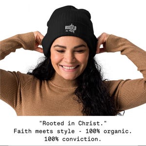 CHRISTIAN embroidered organic BEANIE, "Rooted in Christ", BIBELVERS hat, Christian clothing, Christian hat winter fashion