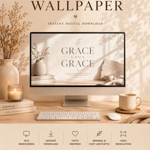 K&ouml;nnte beinhalten: Ein Desktop-Computer zeigt ein digitales Hintergrundbild mit dem Schriftzug "Grace Upon Grace" und einem Kreuz. Das Bild enth&auml;lt auch eine Tastatur, eine Maus und eine Kaffeetasse. Text beinhaltet "Christian Desktop Wallpaper, Sofortiger digitaler Download".