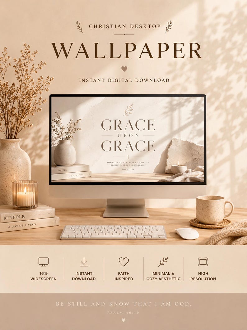 K&ouml;nnte beinhalten: Ein Desktop-Computer zeigt ein digitales Hintergrundbild mit dem Schriftzug "Grace Upon Grace" und einem Kreuz. Das Bild enth&auml;lt auch eine Tastatur, eine Maus und eine Kaffeetasse. Text beinhaltet "Christian Desktop Wallpaper, Sofortiger digitaler Download".