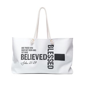 CHRISTIAN weekender bag with cross design & BIBLE VERSE | &quot;Blessed + Believed&quot; travel bag | Faith travel bag | Large and stylish