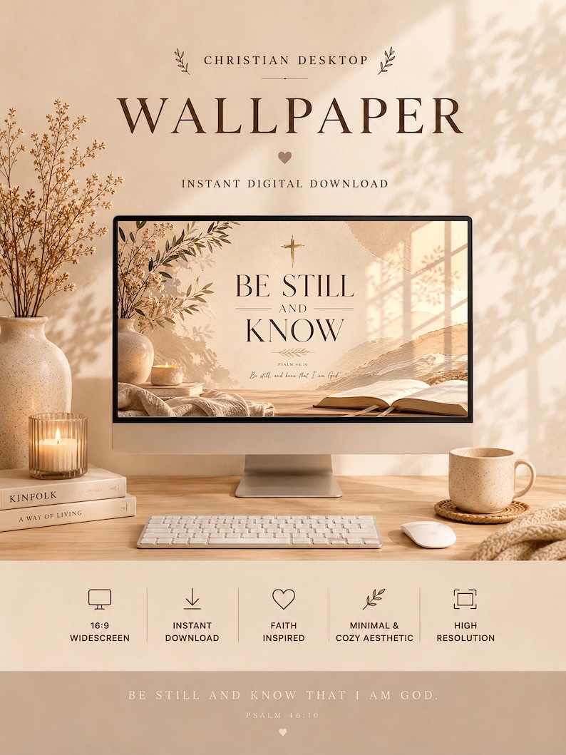 K&ouml;nnte beinhalten: Ein Desktop-Computer zeigt ein Hintergrundbild mit dem Text &bdquo;BE STILL AND KNOW&ldquo; und einem Kreuz. Das Bild enth&auml;lt eine Tastatur, eine Maus, eine Kaffeetasse und dekorative Gegenst&auml;nde. Die Worte &bdquo;CHRISTIAN DESKTOP&ldquo; und &bdquo;WALLPAPER&ldquo; stehen oben. Sofortiger Download.