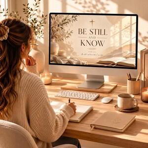 K&ouml;nnte beinhalten: Ein Computerbildschirm zeigt den Text "BE STILL AND KNOW" mit einem Kreuz. Auf dem Holzschreibtisch befinden sich eine Tastatur, eine Maus, eine Kaffeetasse und ein Notizbuch. Eine Person sitzt am Schreibtisch und schreibt in ein Notizbuch.