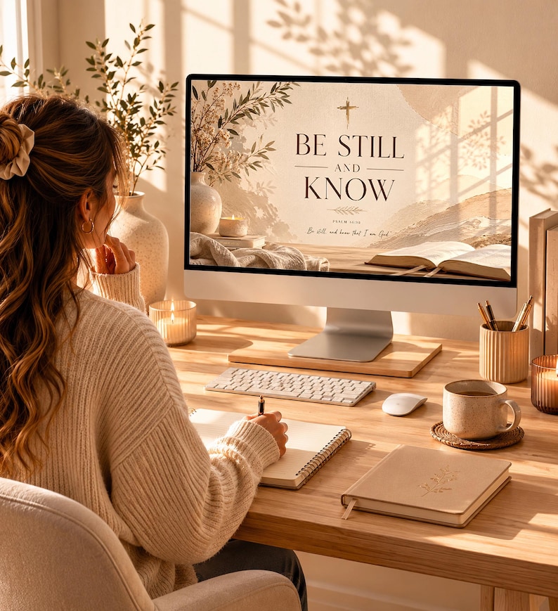 K&ouml;nnte beinhalten: Ein Computerbildschirm zeigt den Text "BE STILL AND KNOW" mit einem Kreuz. Auf dem Holzschreibtisch befinden sich eine Tastatur, eine Maus, eine Kaffeetasse und ein Notizbuch. Eine Person sitzt am Schreibtisch und schreibt in ein Notizbuch.