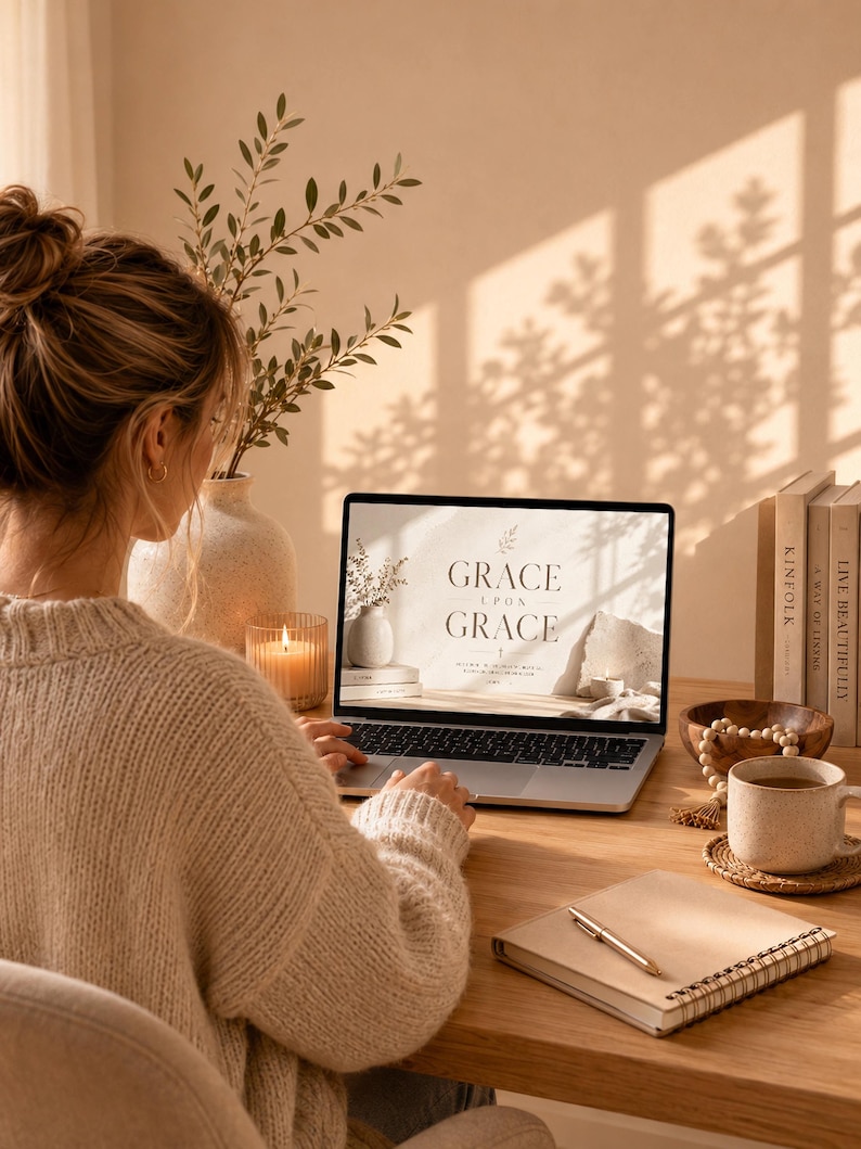 K&ouml;nnte beinhalten: Eine Person arbeitet an einem Laptop auf einem Holztisch. Der Laptop-Bildschirm zeigt die Worte "GRACE UPON GRACE". Eine brennende Kerze, eine Tasse Kaffee, ein Notizbuch und B&uuml;cher befinden sich ebenfalls auf dem Schreibtisch. Eine Vase mit Gr&uuml;nzeug ist im Hintergrund.