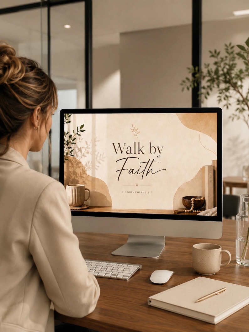K&ouml;nnte beinhalten: Eine Person arbeitet an einem Holzschreibtisch mit einem Computer. Der Bildschirm zeigt die Worte "Walk by Faith" vor einem neutralen Hintergrund. Eine Tasse, ein Notizbuch und ein Stift befinden sich auf dem Schreibtisch.