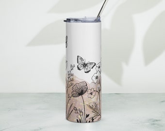 Edelstahlbecher Tumbler Mug | Boho Line Art Flower | 0,6 L | Metall Plastik | 12 Stunden lang heiß und 24 Stunden lang kalt