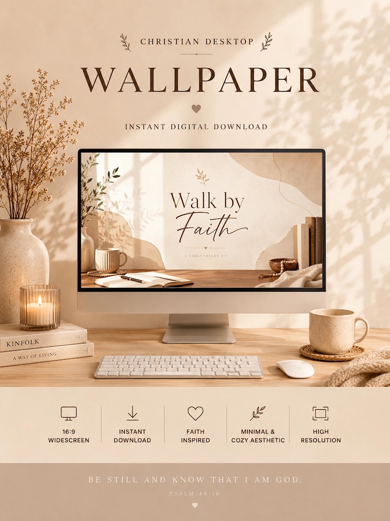 K&ouml;nnte beinhalten: Ein Desktop-Computer zeigt ein "Walk by Faith"-Hintergrundbild. Das Bild hat eine neutrale Farbpalette mit einer Kerze, B&uuml;chern und einer Kaffeetasse. Der Text oben lautet "Christian Desktop Wallpaper, Instant Digital Download". Symbole zeigen Breitbild, Sofort-Download, Glauben und hohe Aufl&ouml;sung an.