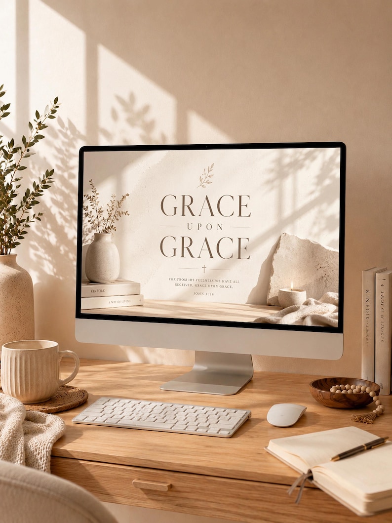 K&ouml;nnte beinhalten: Ein Computer zeigt den Text "GRACE UPON GRACE" mit einem Kreuz und einem Bibelvers. Eine Tasse, eine Tastatur, eine Maus und ein Notizbuch mit einem Stift befinden sich auf dem Holzschreibtisch. Eine Vase mit Blumen und B&uuml;cher sind ebenfalls vorhanden.